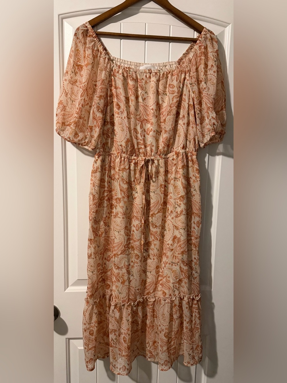Lucky Brand Cream and Rust Paisley Off-Shoulder Midi Dress
